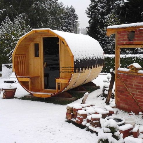 THERMOWOOD HORDÓ SZAUNA ÖLTÖZŐVEL ÉS KINTI PADOKKAL S4PV 2M ÁTMÉRŐJŰ FATÜZELÉSŰ KÁLYHÁVAL++